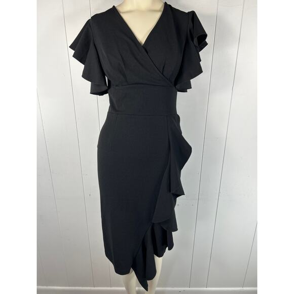 Knitee Women's Deep-V Neck Ruffle Sleeves Cocktail Party Pencil Slit Dress NWT S - Picture 2 of 10